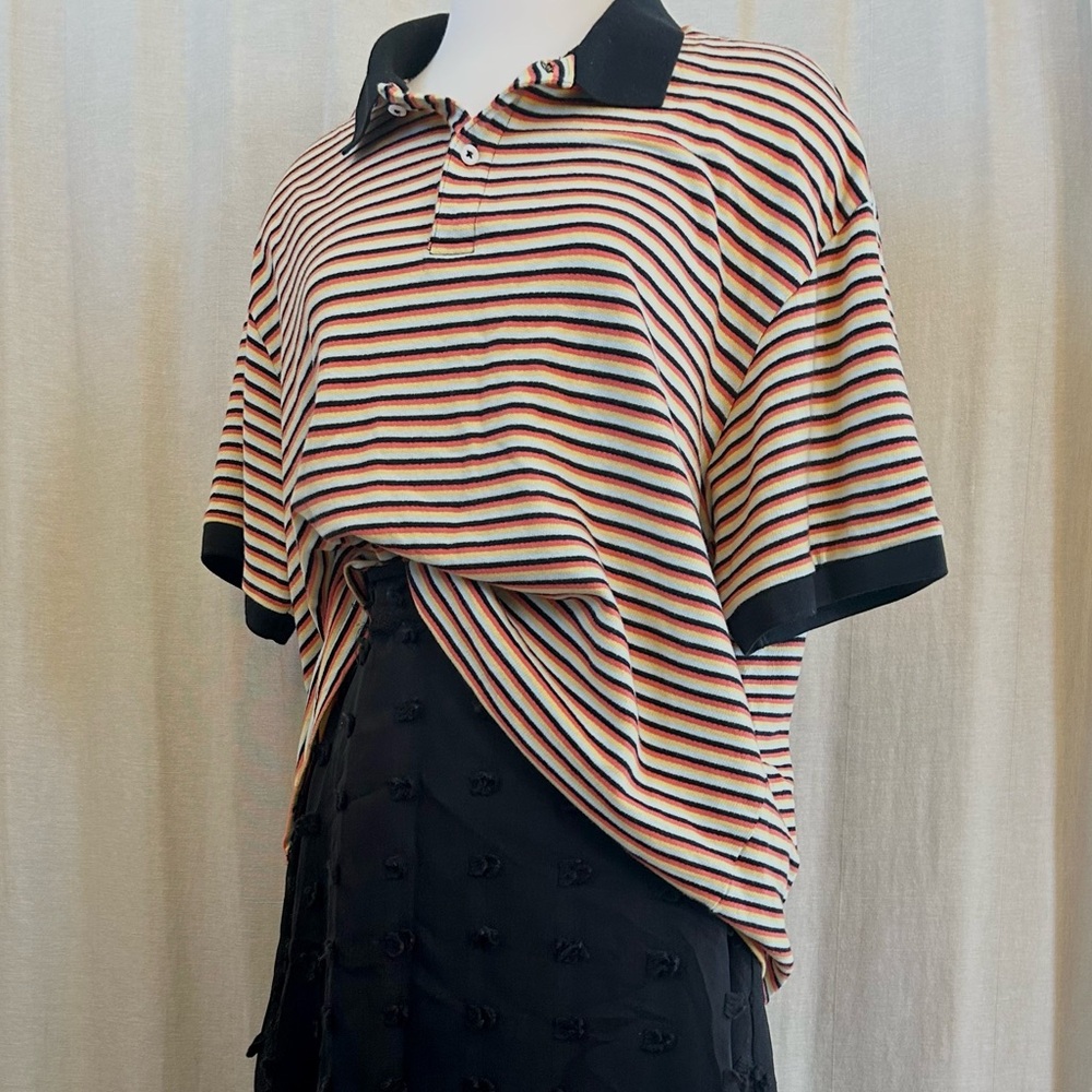Oversized Striped Polo Shirt – Retro Cotton Rugby Top in Burnt Orange & Sky Blue